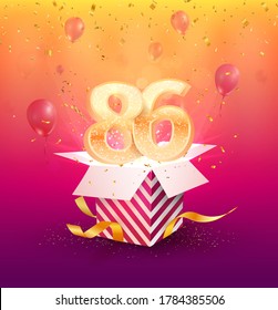 86th years anniversary vector design element. Isolated Eighty-six years jubilee with gift box, balloons and confetti on a colorful background.