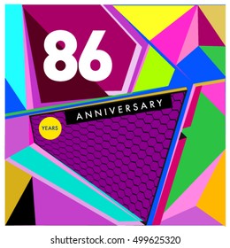 86th years greeting card anniversary with colorful number and frame. logo and icon with Memphis style cover and design template
