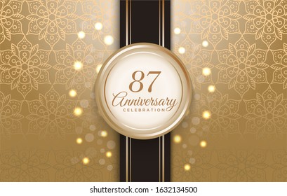 87 Anniversary celebration with luxury golden circle frame and pattern background.
