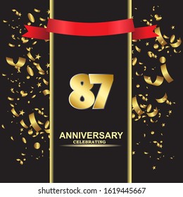 87 anniversary logo with confetti golden colored and red ribbon isolated on black background, vector design for greeting card and invitation card