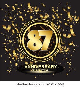 87 anniversary logo with confetti golden colored isolated on black background, vector design for greeting card and invitation card