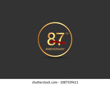 87 anniversary vector design golden color with ring and red ribbon isolated on black background