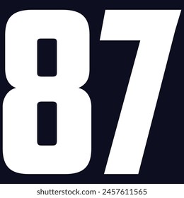 87 Classic Vintage Sport Jersey  Uniform numbers in black with a black outside contour line number on white background for American football, Baseball and Basketball or socce