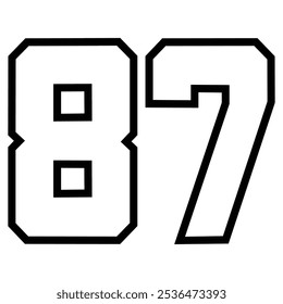87 Classic Vintage Sport JerseyUniform numbers in black with a black outside contour line number on white background for American football, Baseball and Basketball or soccer