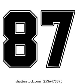 87 Classic Vintage Sport JerseyUniform numbers in black with a black outside contour line number on white background for American football, Baseball and Basketball or soccer