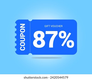 87% coupon promotion sale. Eighty seven percent Vector Gift Voucher. Blue discount, lucky ticket, special offer promo. Web, shopping label, percent sign. Special price offers.