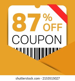 87% Coupon promotion sale for a website, internet ads, social media gift 87% off discount voucher. Big sale and super sale coupon discount. Price Tag Mega Coupon discount with vector illustration.
