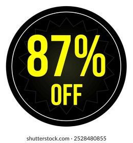 87% discount tag, black and yellow round shape, perfect for marketing promotions and retail sales