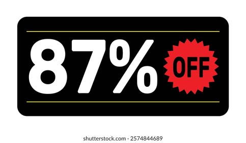 87% discount tag. icon vector Black, white and rad rectangular shape, perfect for marketing promotions