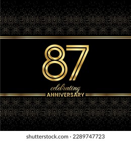 87 Golden Double Line Number. Anniversary invitation cover with glitter separated by golden double lines on a black background