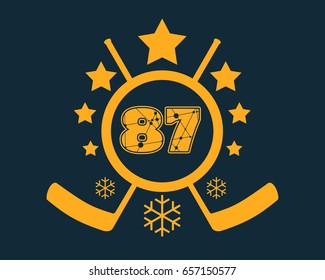 87 number vector illustration. Classic style Sport Team font. Numbers decorated by lines and dots pattern. Ice Hockey Emblem