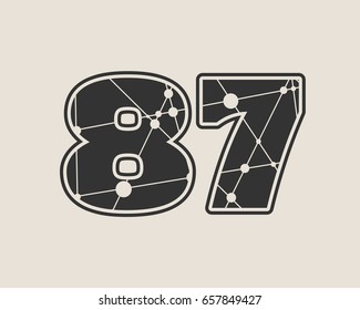 87 number vector illustration. Classic style Sport Team font. Numbers decorated by lines and dots pattern