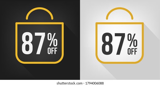 87% off. Black, white and yellow banner with eighty-seven percent discount. Shopping bag concept vector.