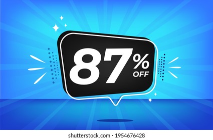 87% de descuento. Banner azul con 87 por ciento de descuento en un globo negro para grandes ventas.