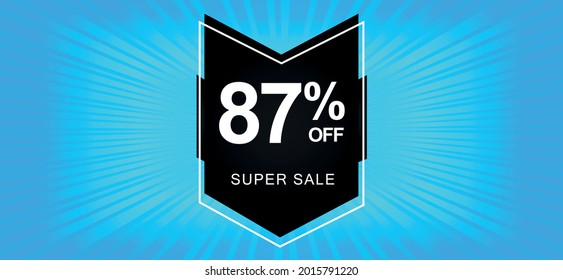 87% de descuento. Un cartel azul con un descuento del ochenta y siete por ciento en un globo negro para mega ofertas.