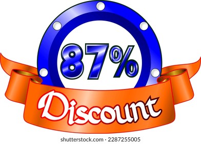 87% Rabatt, blaue Scheibe und orangefarbenes Band, Vektorgrafik für Groß- und Einzelhandel, illustrative Kunst, schöne Illustration, Vektorgrafik. Gott ist gut!