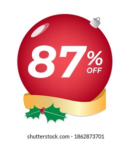 87% off. Eighty-seven percent discount. Christmas sale banner. Red bubble with ornaments on a white background vector.