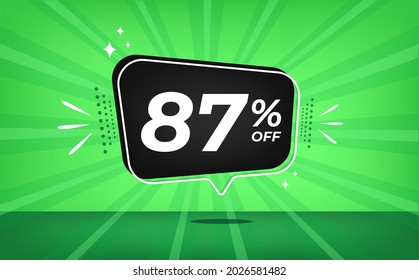 87% de descuento. Banner verde con 87 por ciento de descuento en un globo negro para grandes ventas.