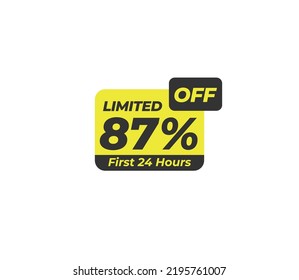 87% off price tag discount product banner label vector art illustration. Isolated on White Background in yellow color