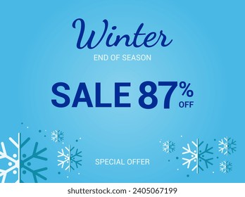 87% off sale banner. Eighty seven percent special offer. Winter sale banner. Winter End of Season Sale Background Design. Template for advertising, web and social media. Vector.