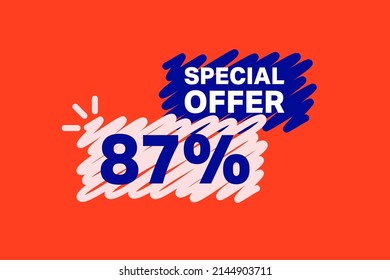 87% OFF Sale Discount banner shape template. Super Sale 87 percent Special offer badge end of the season sale coupon bubble icon. Modern concept design. Discount offer price tag vector illustration.