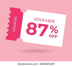 87% off Sale Voucher Coupon. Eighty seven percent promotion illustration. Tag label, sale banner with discount coupon. Pink Vector gift voucher.