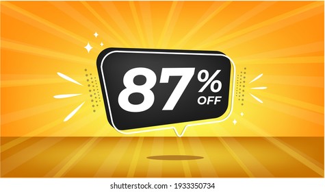 87% off. Yellow banner with eighty-seven percent discount on a black balloon for mega big sales.