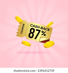 87 percent gift voucher with coupon Cash back. For business promotion sales and Discount online purchases. Tag label, sale banner with golden coin cash back. 