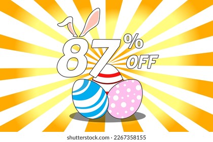 87 percent off. Banner with colorful easter eggs, bunny ears and background with yellow and orange gradient rays