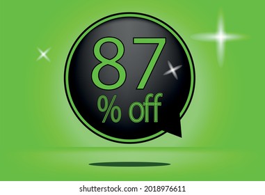 87 percent off black balloon and floating. with green background, banner 87% off green, shadow