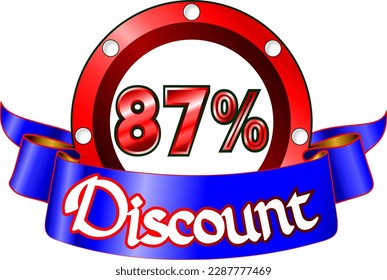 87 percent off, red disk and blue ribbon, vector illustration for wholesale and retail, illustrative art, beautiful percentage % illustration, vector banner. God is good!