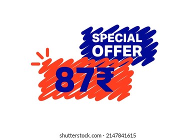 87 Rupee OFF Sale Discount banner shape template. Super Sale 87 Indian rupee Special offer badge end of the season sale coupon bubble icon. Discount offer price tag vector illustration.