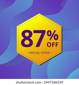 87% Sale and Discount Label. Eighty seven percent Sale Discount label Geometric design. Abstract Blue and Yellow Hexagon. Vector illustration.