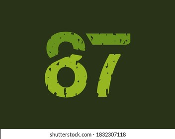 87 vector number made of grungy, grunge texture. Rubber stamp imprint style. For logo, brand label, poster, design elements etc.