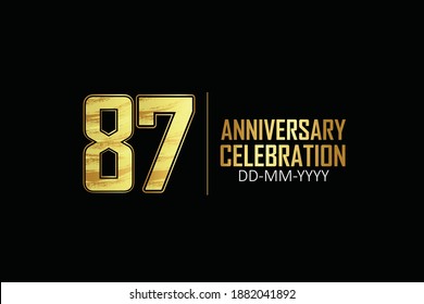 87 year anniversary celebration Yellow Golden Color Sporty Design logotype. anniversary logo isolated on Black background, for celebration, invitation card, and greeting card - Vector