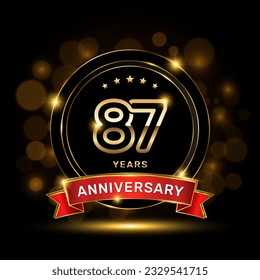 87 year anniversary logo with a gold emblem shape and red ribbon, logo template vector