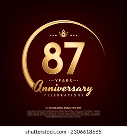 87 year anniversary template design with golden number and ring for birthday celebration event, invitation, banner poster, flyer, and greeting card, vector template