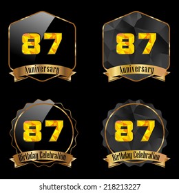 87 year birthday celebration golden label, 87th anniversary decorative polygon golden emblem - vector illustration eps10