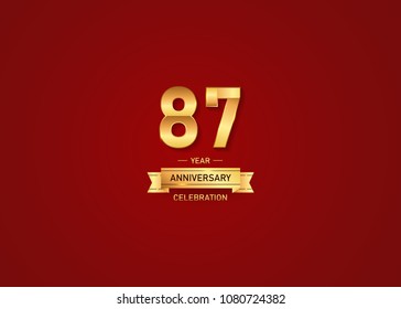 87 year golden anniversary vector illustration with gold ribbon isolated on red background