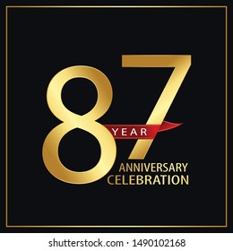 87 year minimalist logo years, jubilee, greeting card. Red and Gold Ribbons on Black Background with Golden Frame for Birthday invitation - Vector 