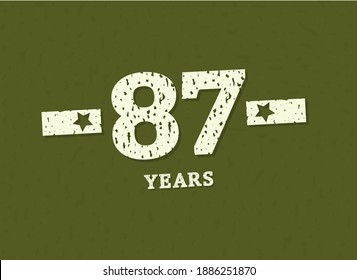 87 years anniversary with badge military, grunge pattern. Army design with star on green camouflage background. Vector perfect for any military labels, posters and armed force etc.