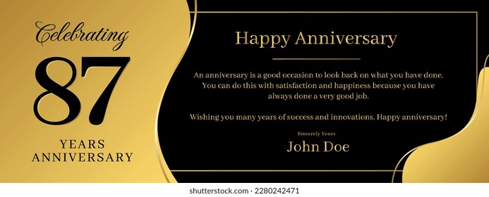 87 years anniversary, a banner speech anniversary template with a gold background combination of black and text that can be replaced