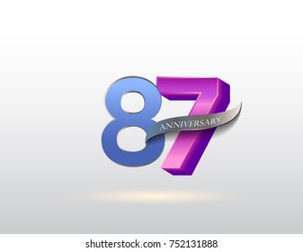 87 years anniversary blue and pink logotype with ribbon isolated on white background, vector design for greeting card and invitation card.