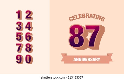87 Years Anniversary Card or Banner Design using Retro Style, Vector Illustration  with Set of Numbers