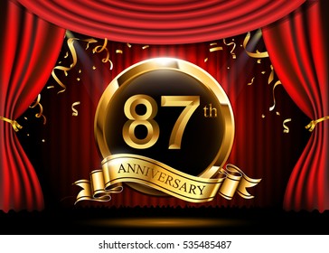 87 years anniversary celebration. with gold ribbon. Curtain background and light shine.