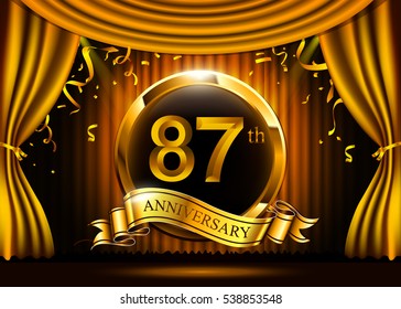 87 years anniversary celebration. with gold ribbon. Curtain background and light shine.
