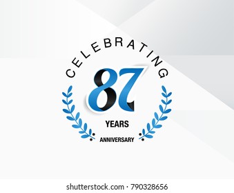 87 Years Anniversary celebration logotype , using combination blue and black colored font with laurel, isolated on white background
