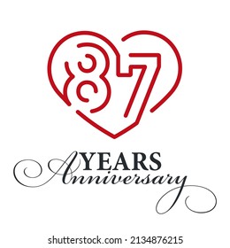 87 years anniversary celebration number thirty bounded by a loving heart red modern love line design logo icon white background