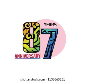 87 years anniversary with colorful tribal and pink circle. Vector illustration isolated on white background