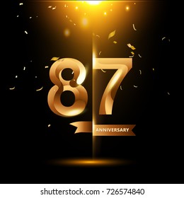 87 Years Anniversary with gold stylized number and confetti. Applicable for brochure, flyer, Posters, web and Banner Designs. Vector illustration.